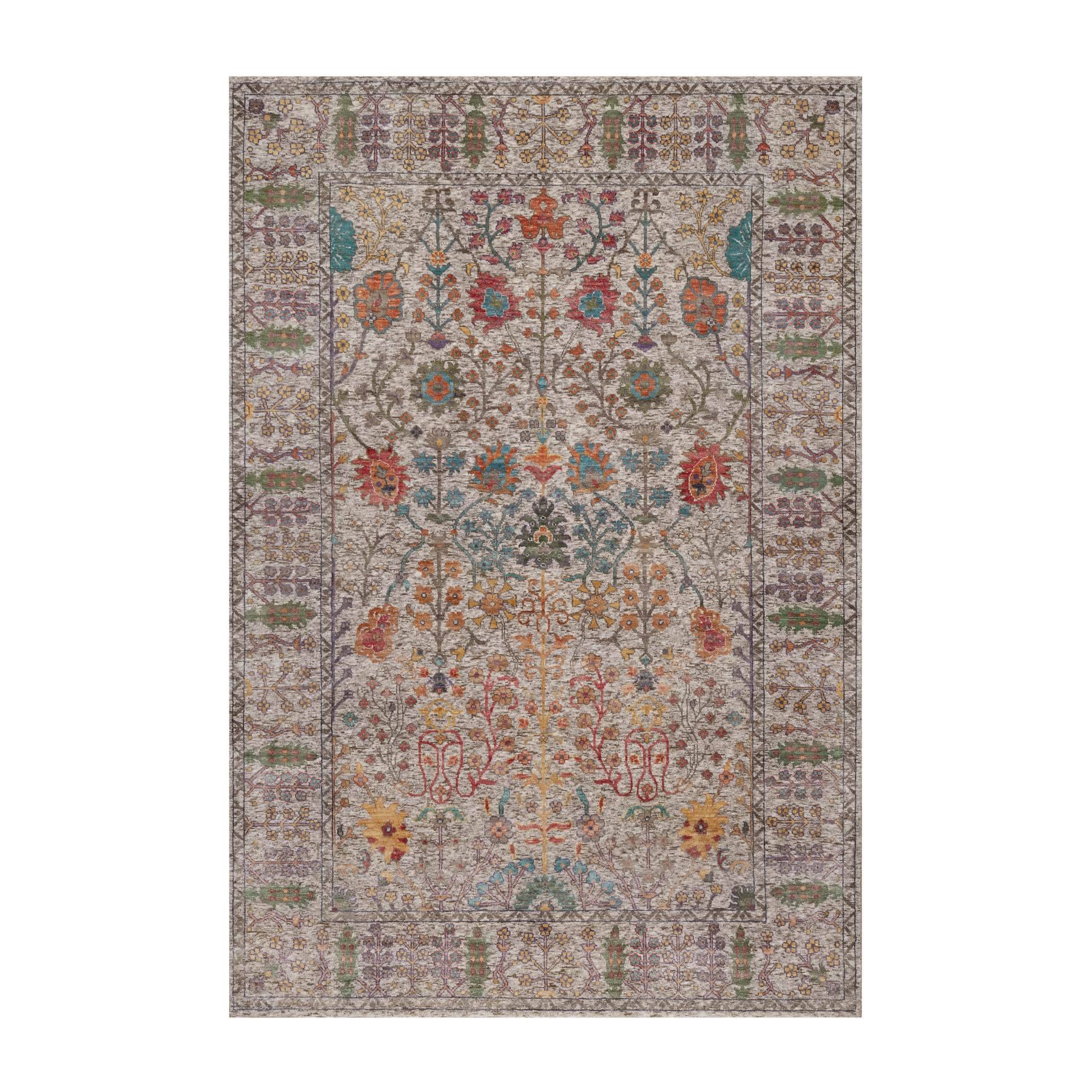 6'x9' Alabaster White with Brown, Directional Vase Design, Hand Knotted, Silk with Textured Wool, Oriental Rug 